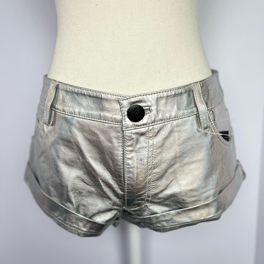 One Teaspoon Revenge Metallic Leather Bandit Shorts In Silver. Size 24.